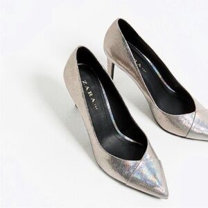 Zara Metallic Silver Stiletto Pointed Heels 6.5